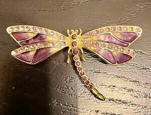 Vintage Signed Monet Purple Dragonfly Brooch Gold Tone Rhinestone Pin